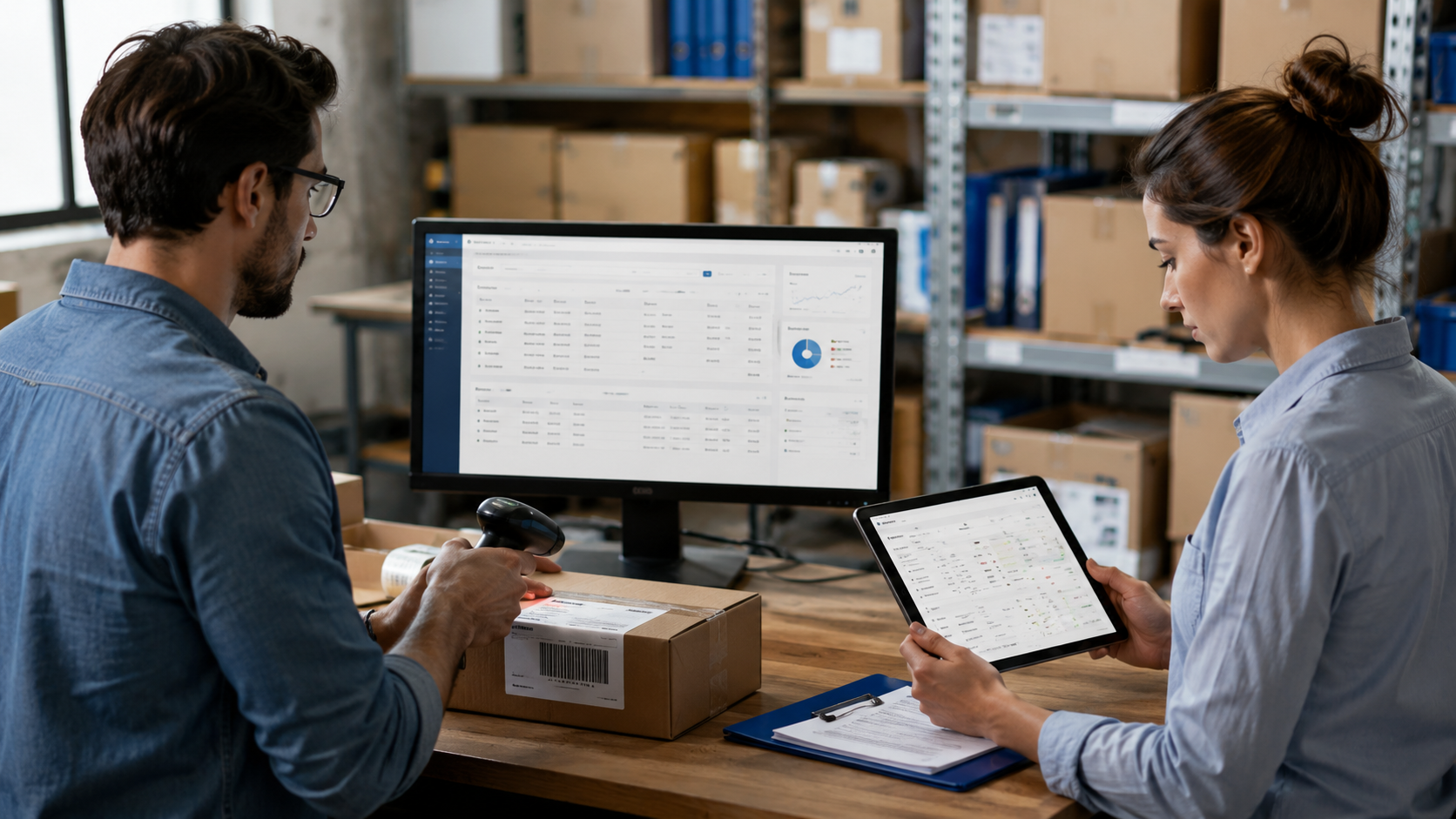 Due professionisti in un magazzino che integrano strumenti digitali: uno scanner di codici a barre e un tablet collegati a una dashboard su monitor