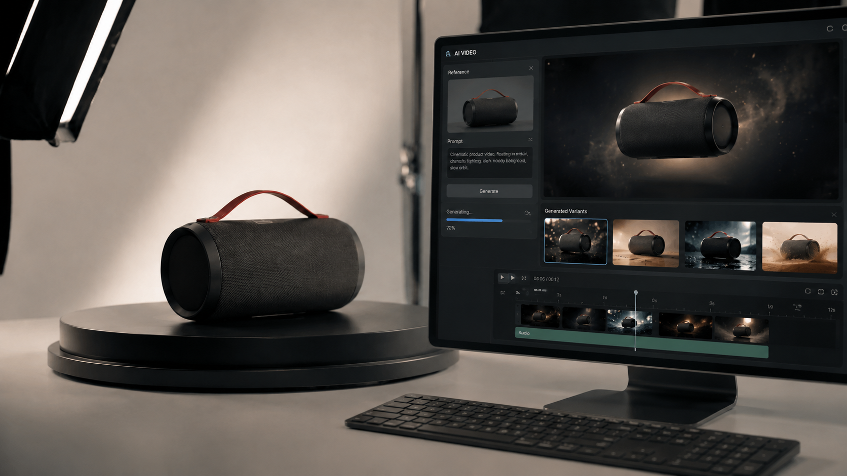 Prodotto su turntable in studio con softbox e monitor che mostra un'interfaccia AI VIDEO per generare varianti cinematografiche