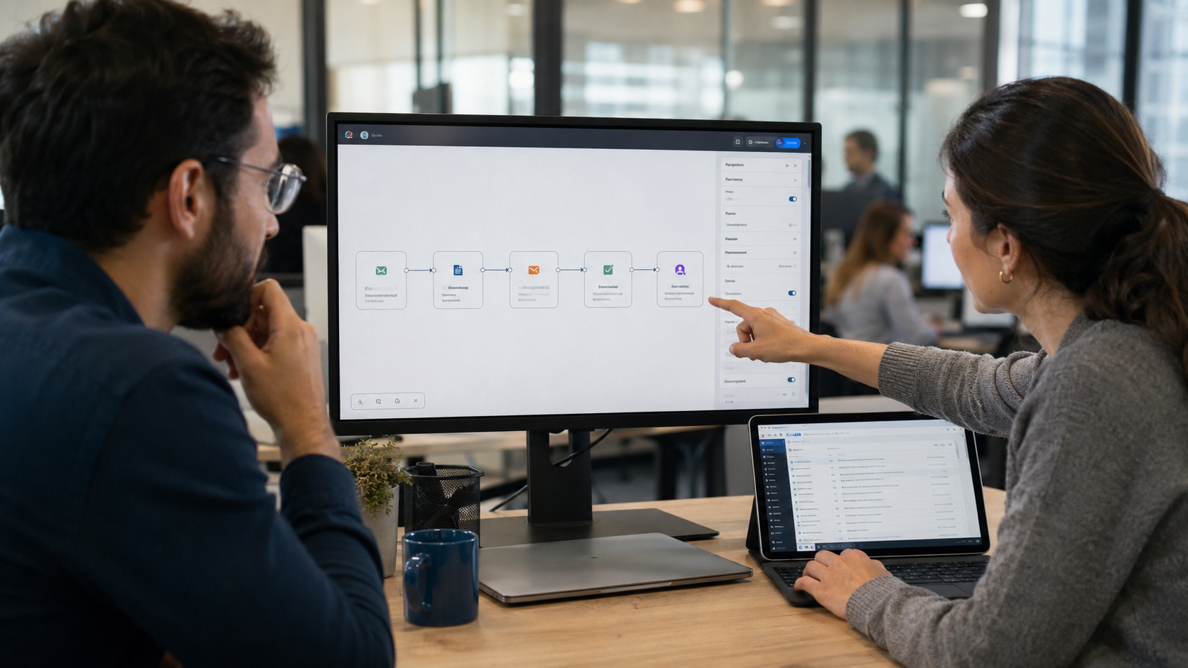 Due professionisti in ufficio collaborano a un'interfaccia workflow con nodi colorati su monitor, progettando automazioni e agenti IA