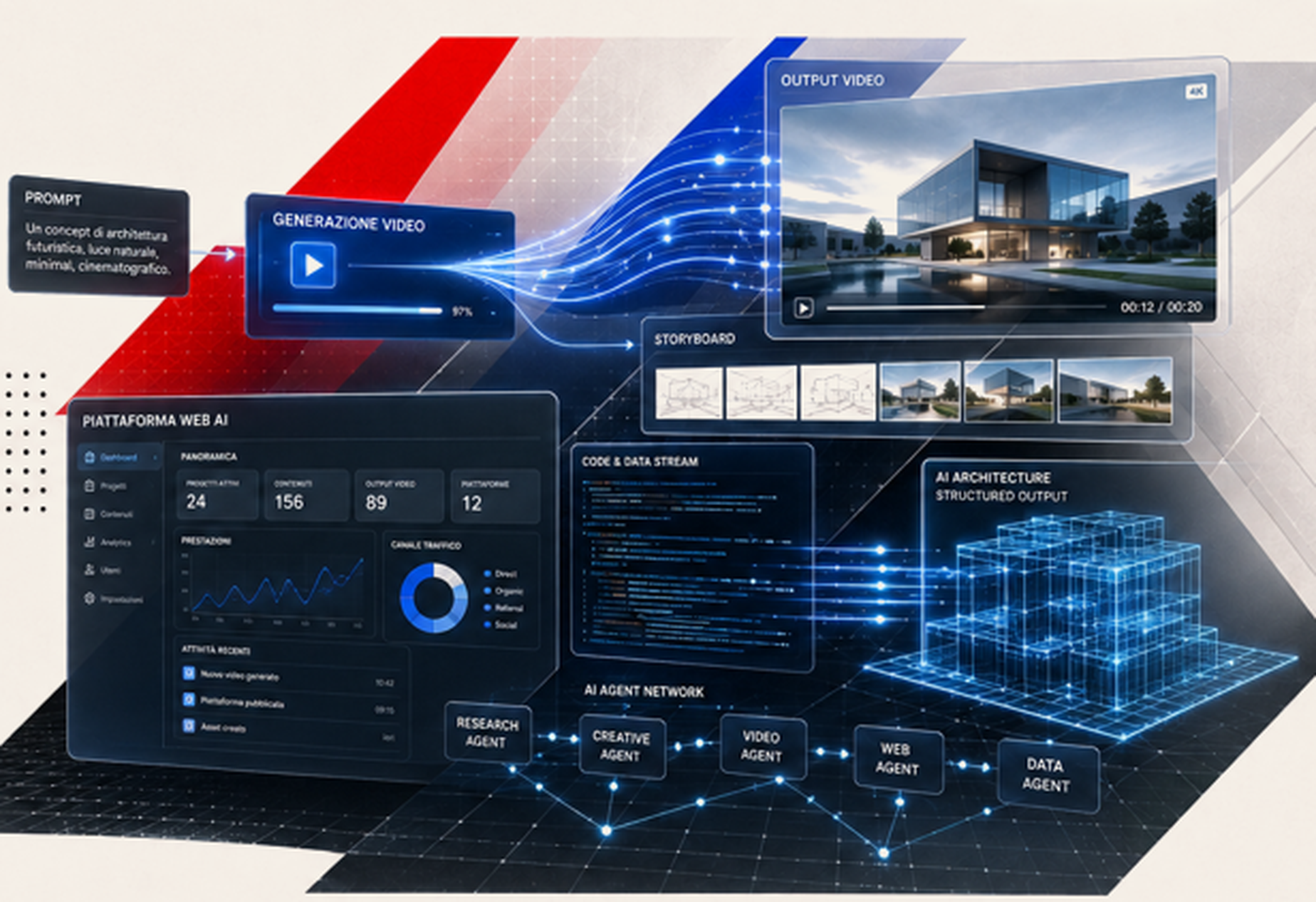 Composizione IA: prompt, generazione video, piattaforma web, agenti AI e output architettonico