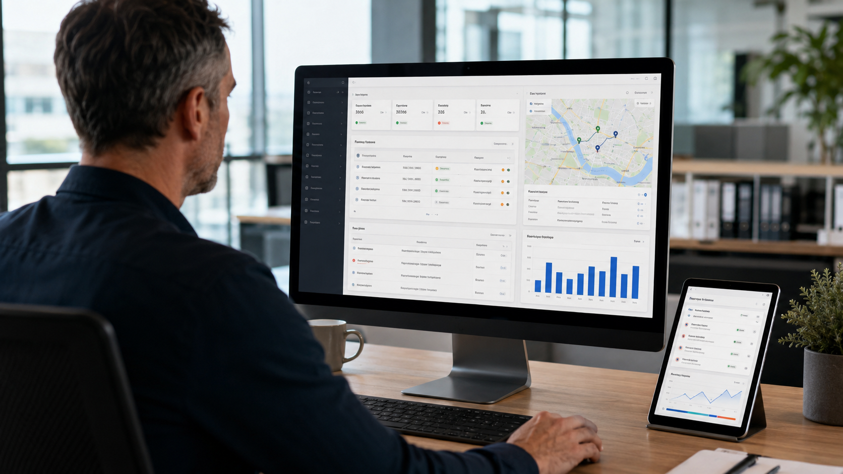 Uomo in ufficio che consulta una dashboard dati su monitor e tablet