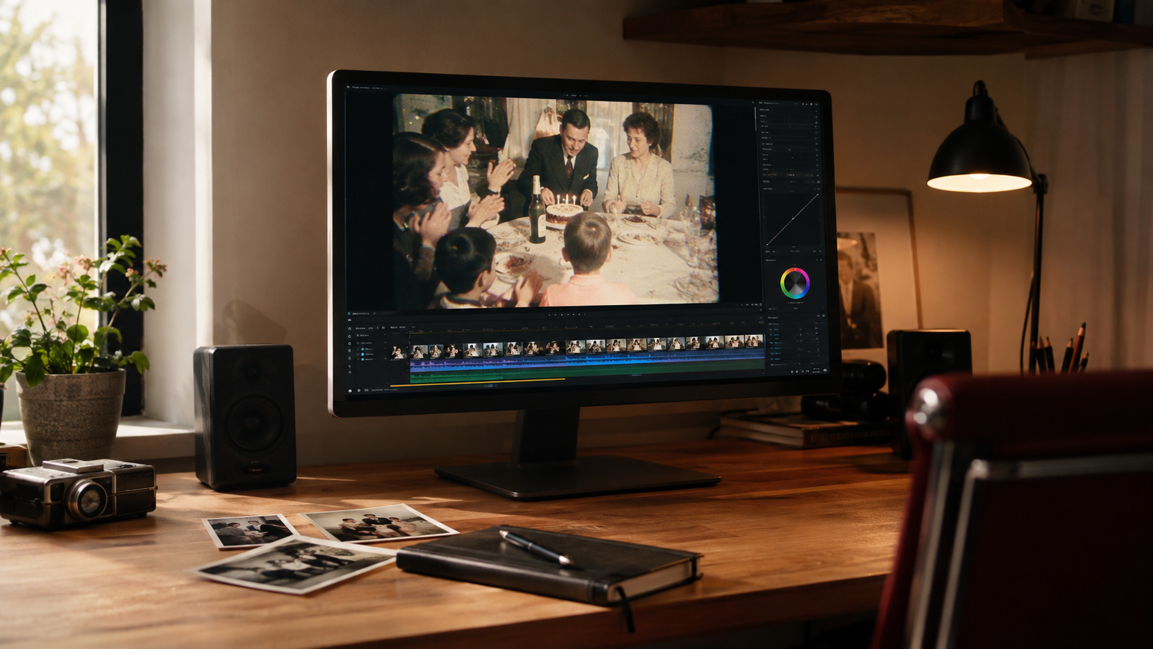 Postazione di montaggio video professionale con ricordi d'epoca restaurati a colori